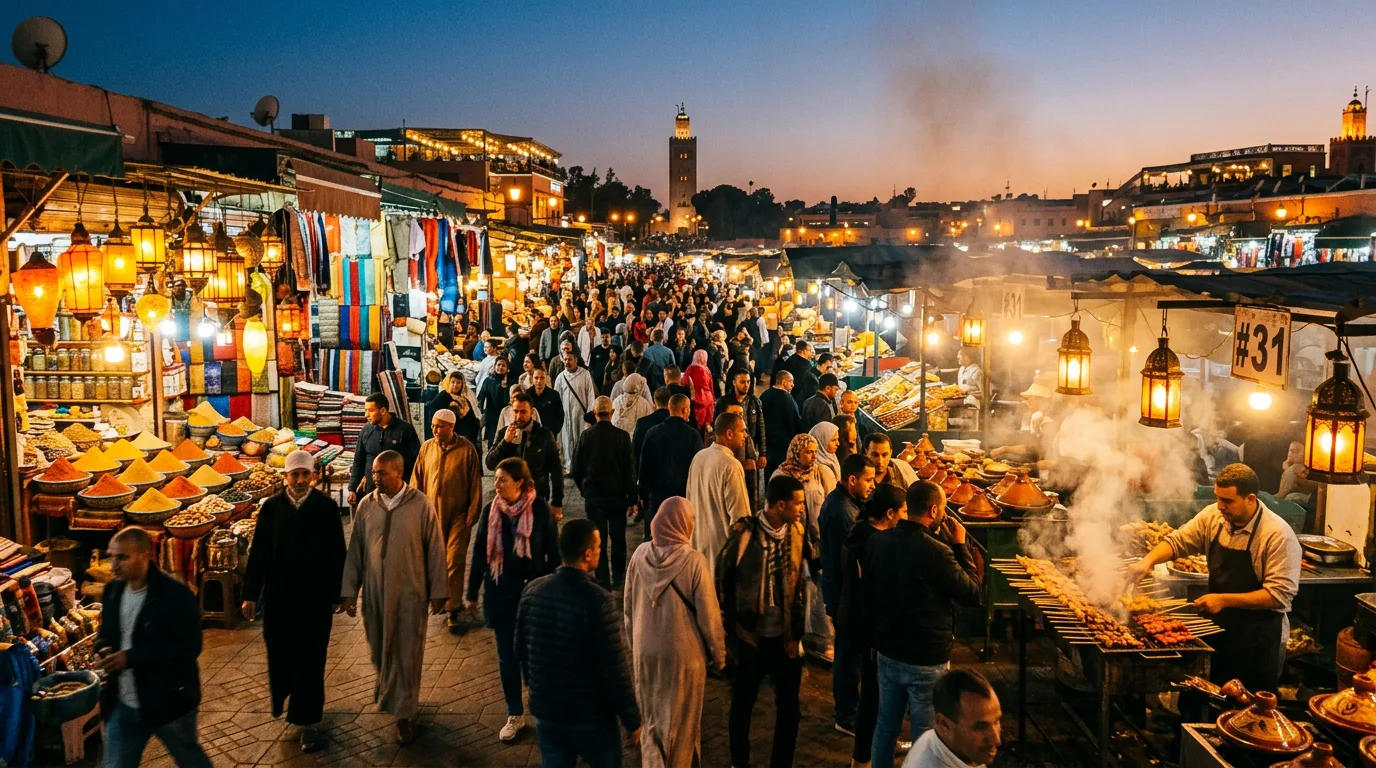 A private palace-riad terrace overlooking Marrakech, set for a candlelit dinner at golden hour
